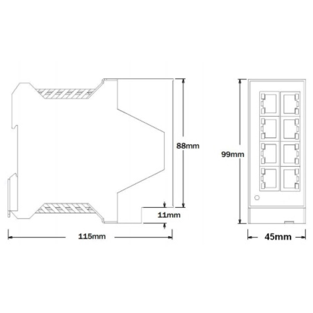 Brainboxes SW-508 technical drawing showing case dimensions and measurements of industrial ethernet switch