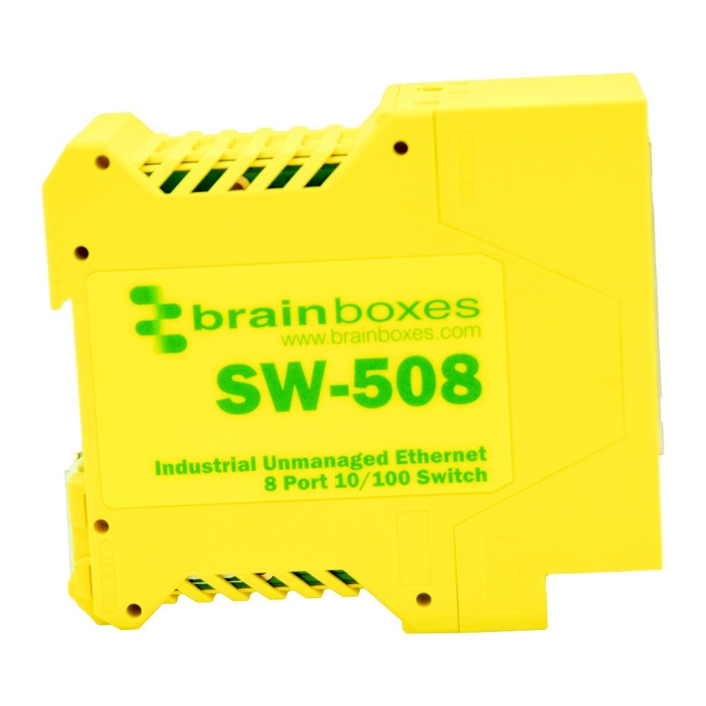 Brainboxes SW-508 compact industrial ethernet switch showing side profile and din rail mounting design