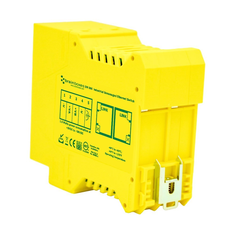 Brainboxes SW-508 industrial ethernet switch showing din rail mounting and rear specifications label