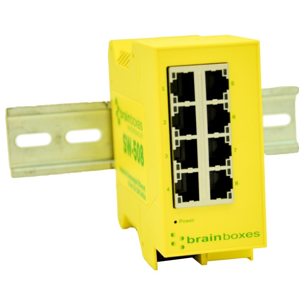 Brainboxes SW-508 8-port industrial ethernet switch mounted on standard din rail