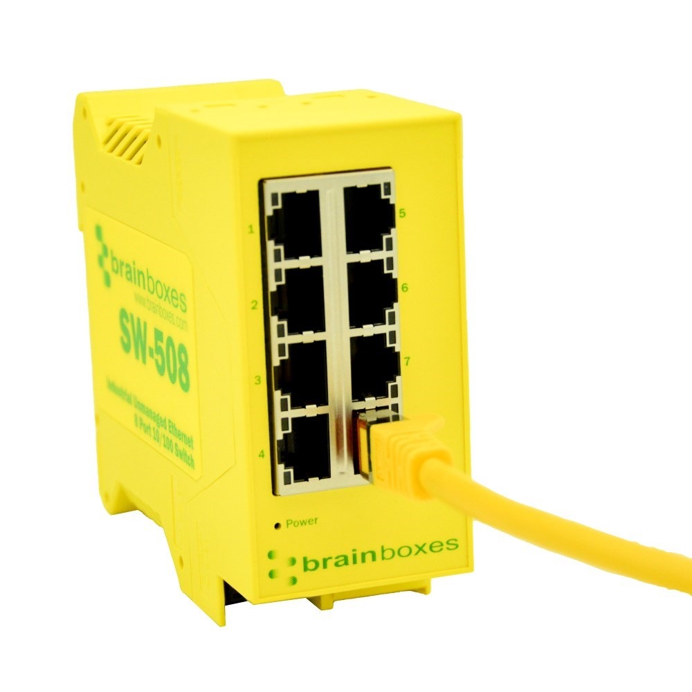 Brainboxes SW-508 industrial ethernet switch showing eight rj45 network ports on front panel