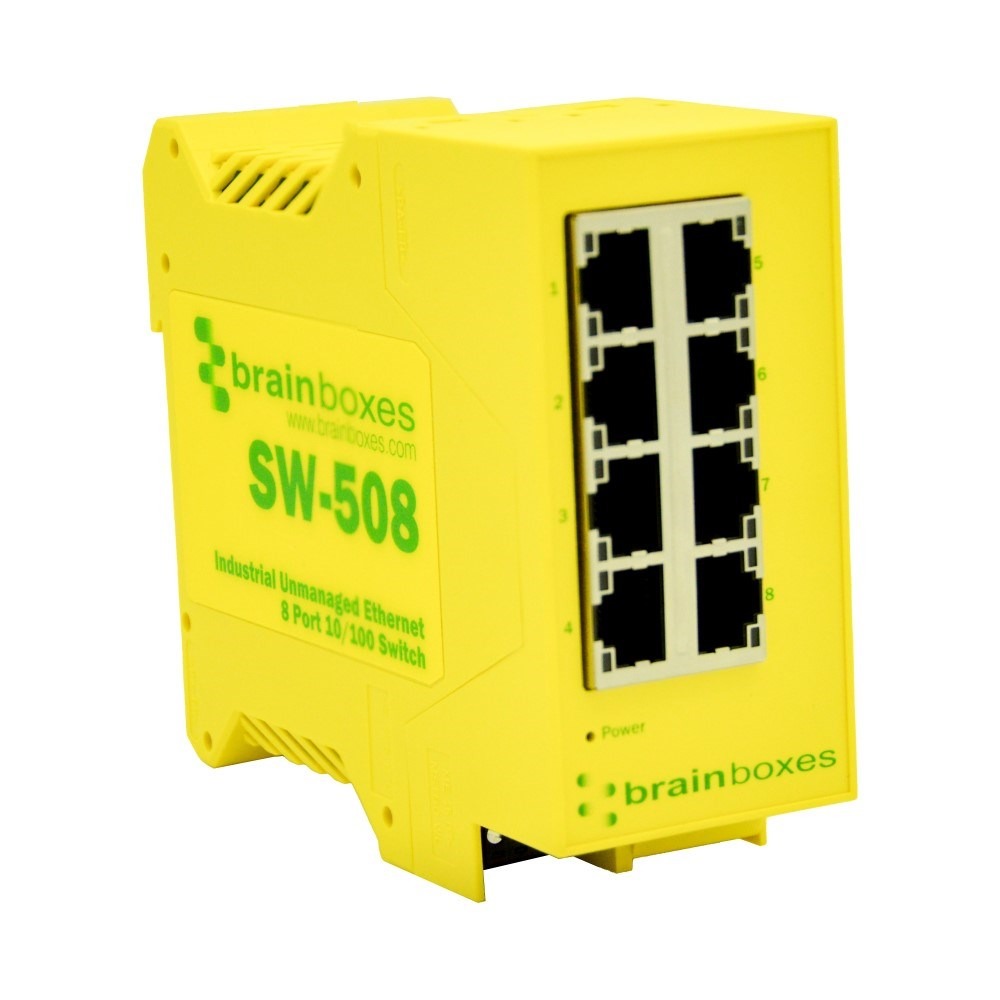Brainboxes SW-508 industrial ethernet switch showing eight rj45 network ports on front panel