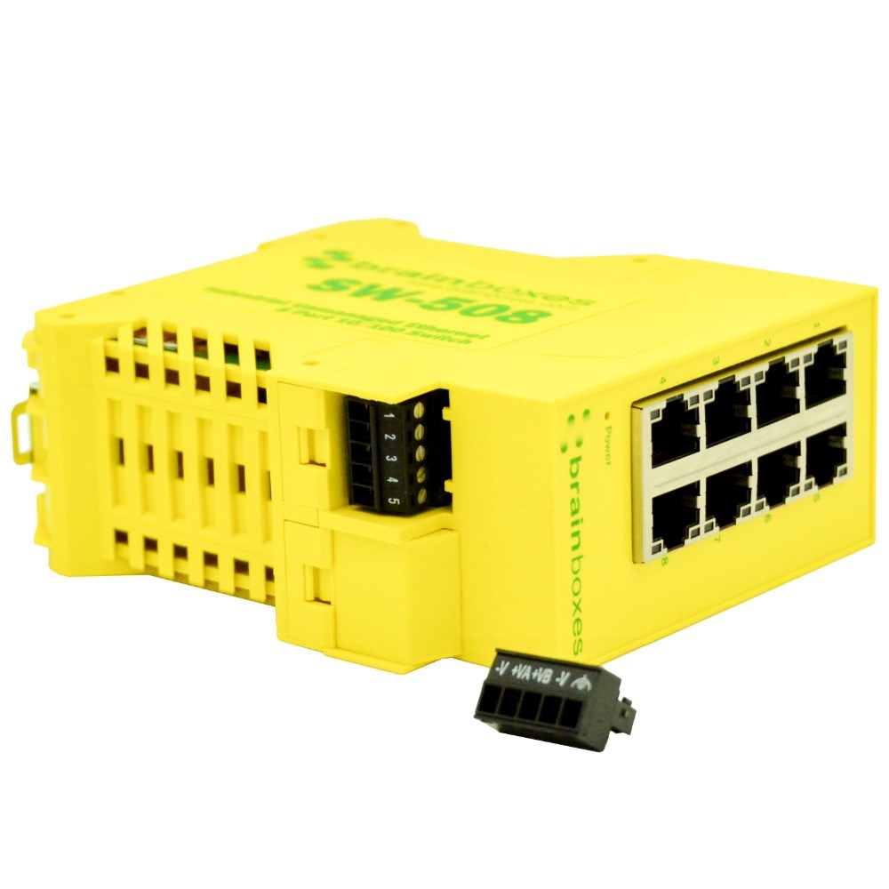 Brainboxes SW-508 industrial ethernet switch with detached removable terminal block power connector