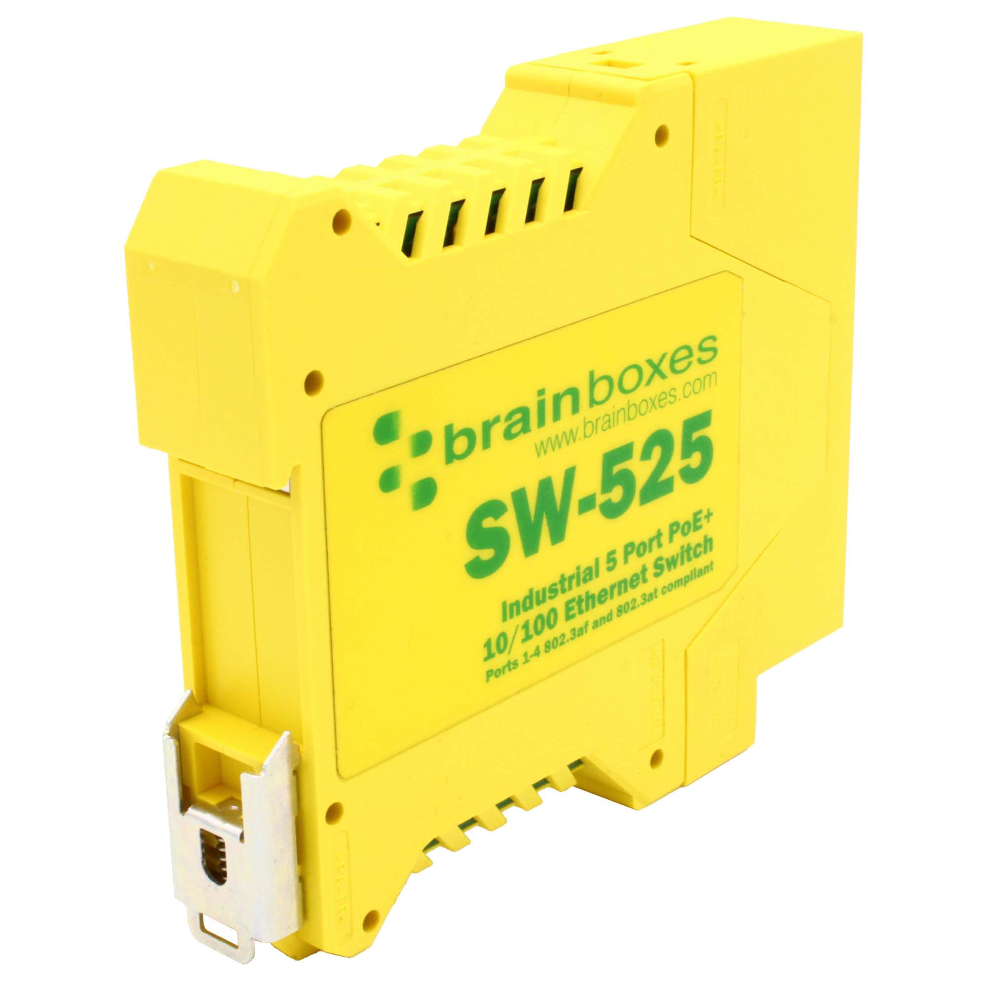 Brainboxes SW-525 industrial ethernet switch showing din rail mounting clip attachment