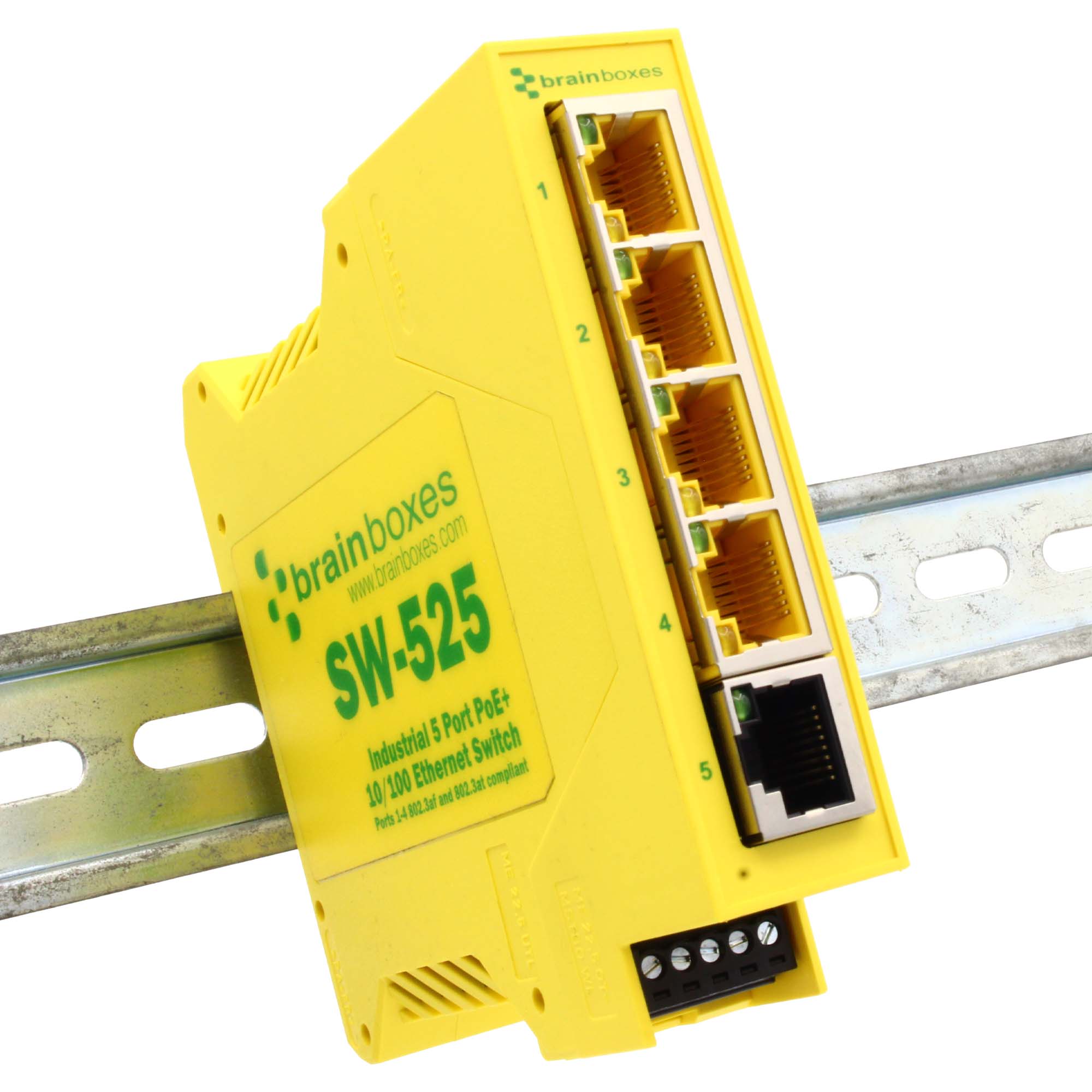 Brainboxes SW-525 industrial ethernet switch with five ports mounted on din rail