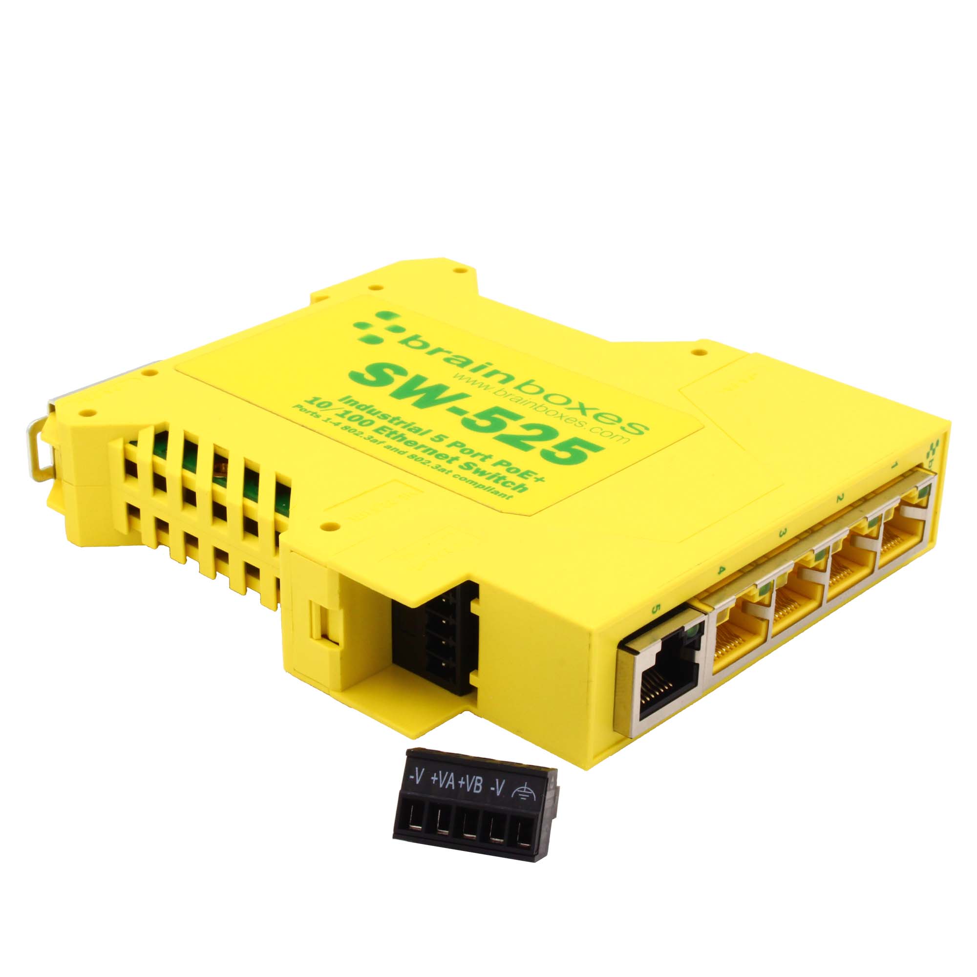 Brainboxes SW-525 industrial ethernet switch with detached removable terminal block connector