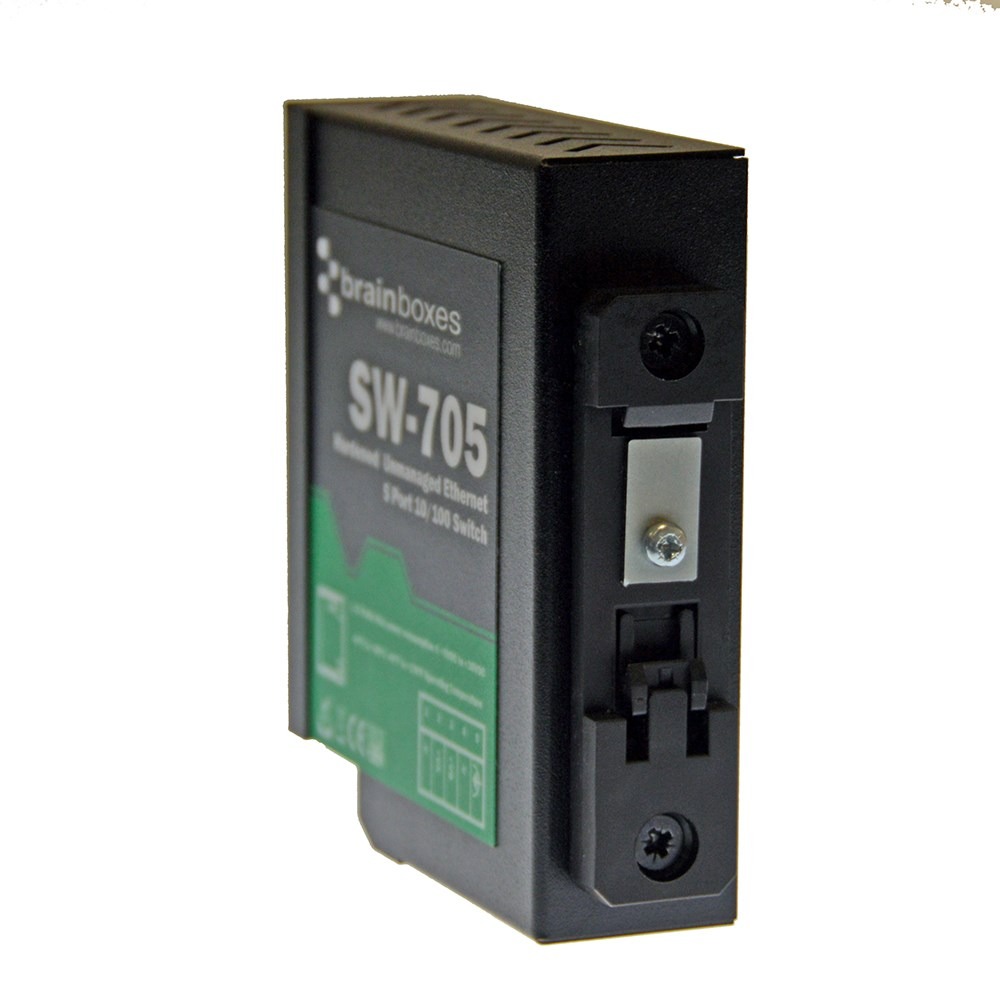 Brainboxes SW-705 angled side view showing din rail mounting capability and compact profile
