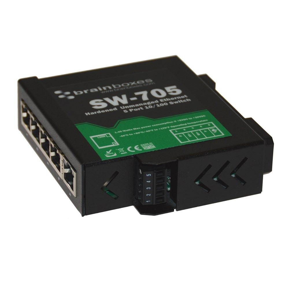 Brainboxes SW-705 industrial ethernet switch showing multiple ports and led status indicators