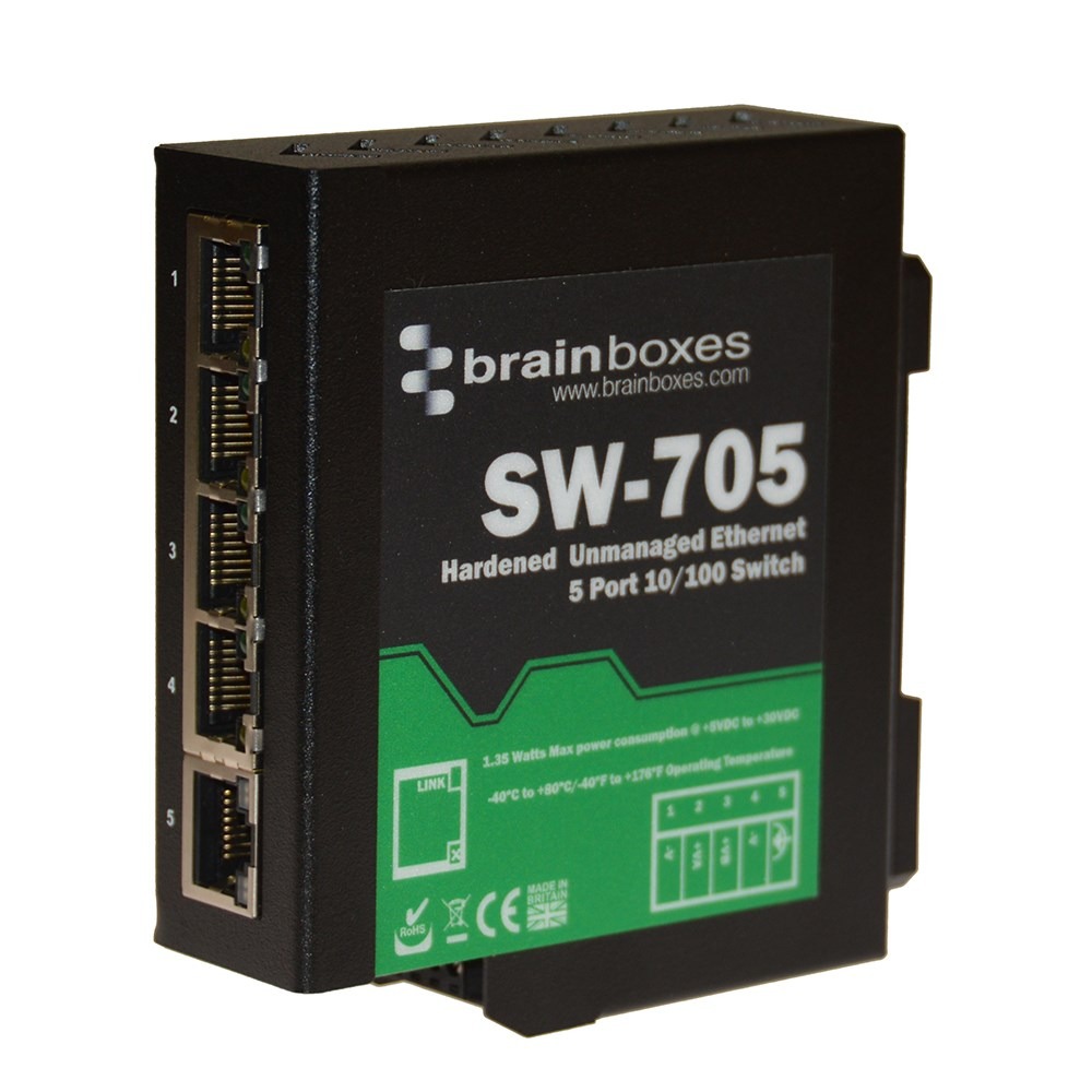 Brainboxes SW-705 compact industrial ethernet switch showing side profile with five ethernet ports