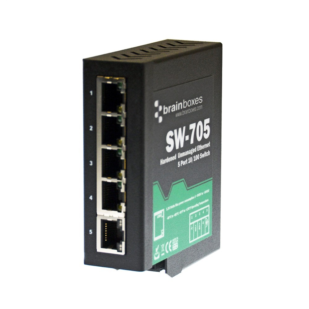 Brainboxes SW-705 industrial ethernet switch showing five numbered ports and product labeling