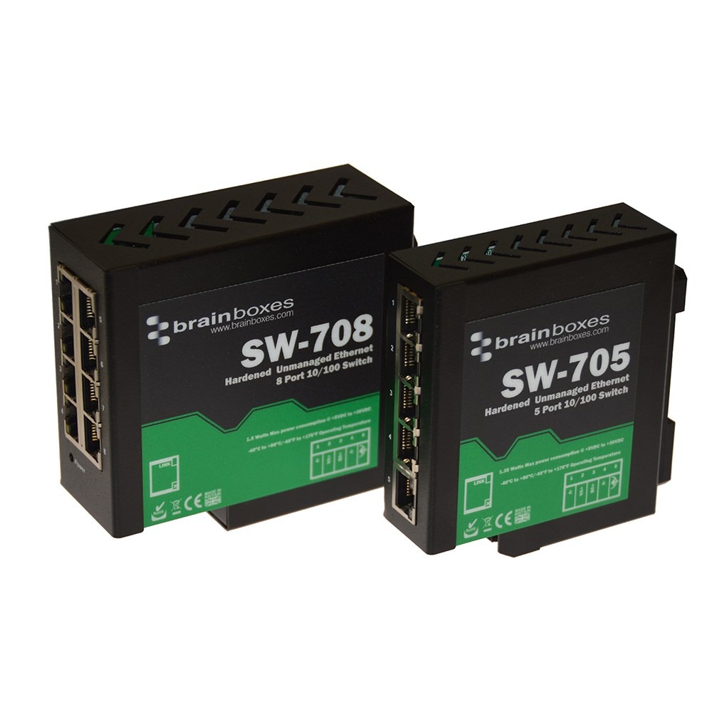 Brainboxes SW-705 two industrial ethernet switch models showing size comparison and port configurations