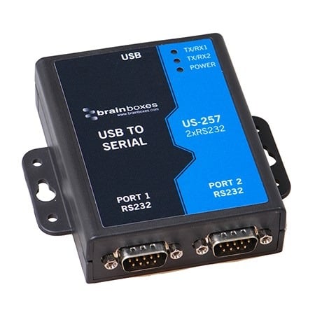 Brainboxes US-257 industrial usb to serial adapter showing dual rs232 ports and mounting holes