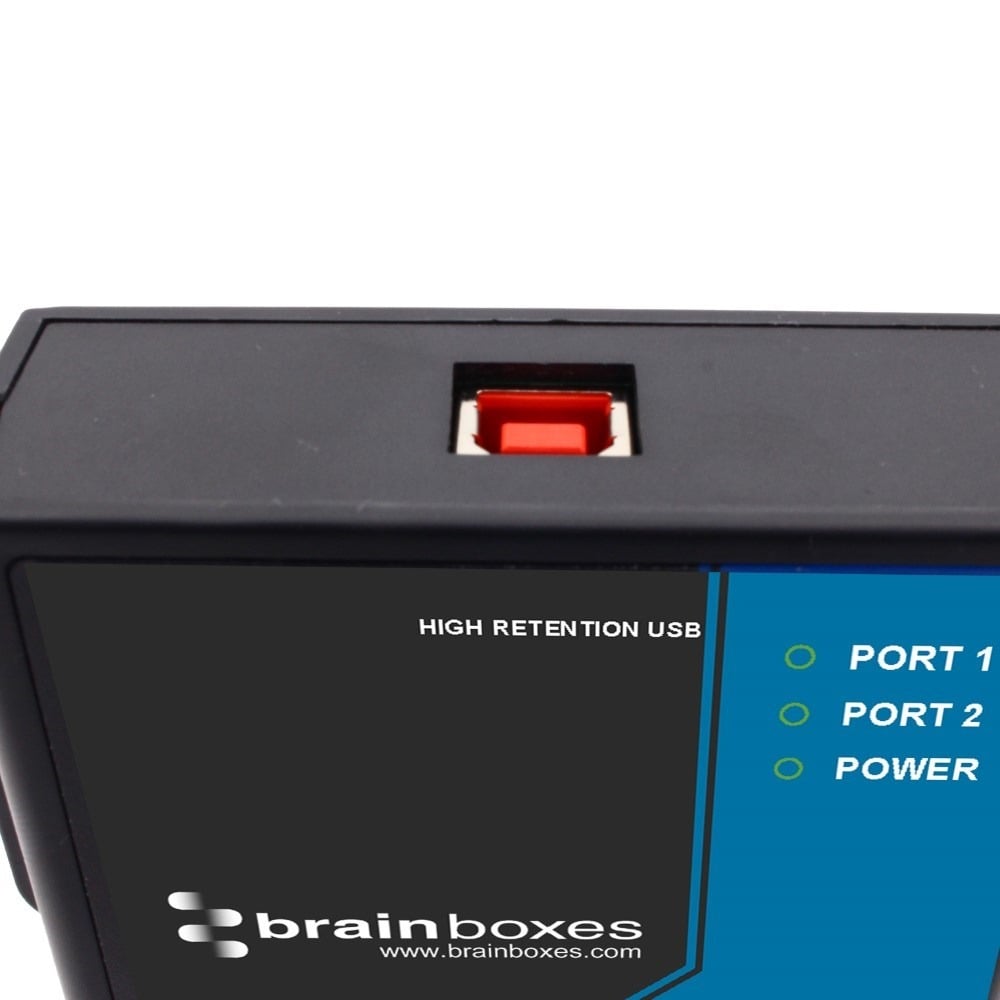 Brainboxes US-757 close up view showing high retention usb socket and status indicator ports