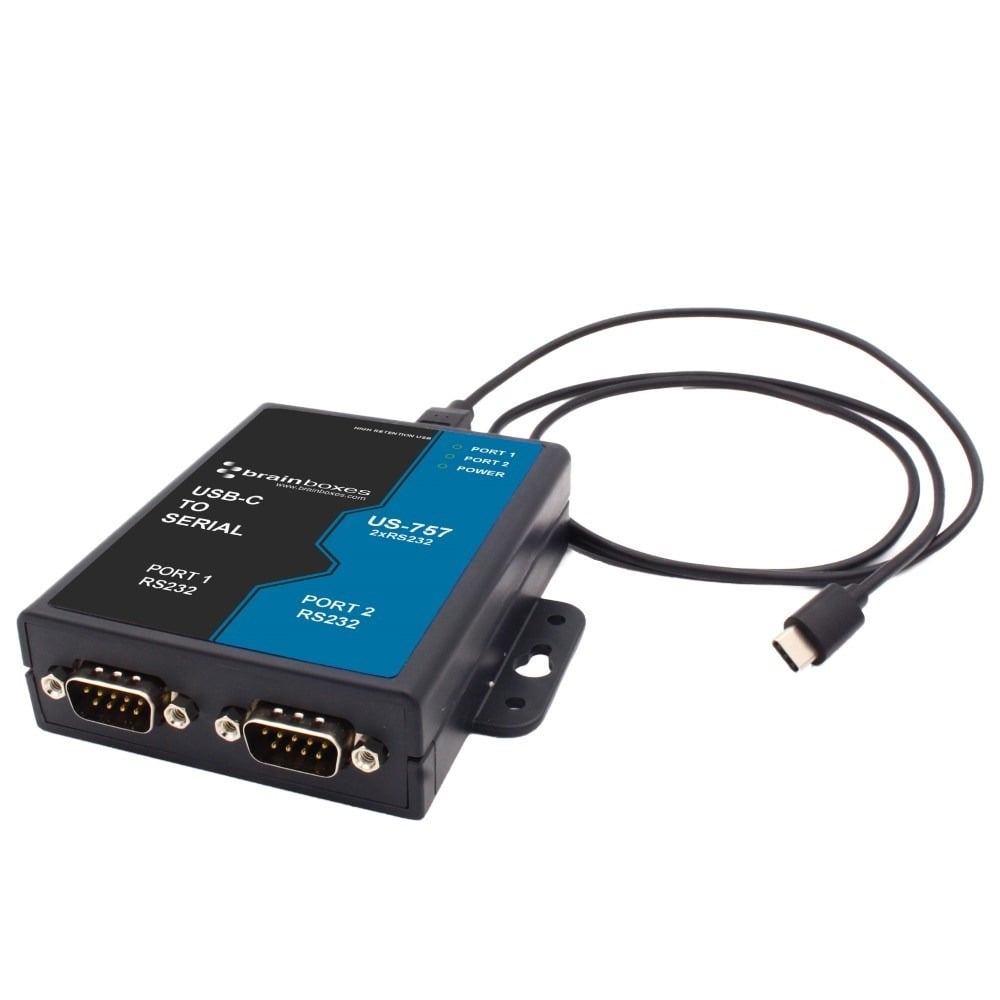 Brainboxes US-757 usb-c to dual serial adapter with attached cable and rs232 ports