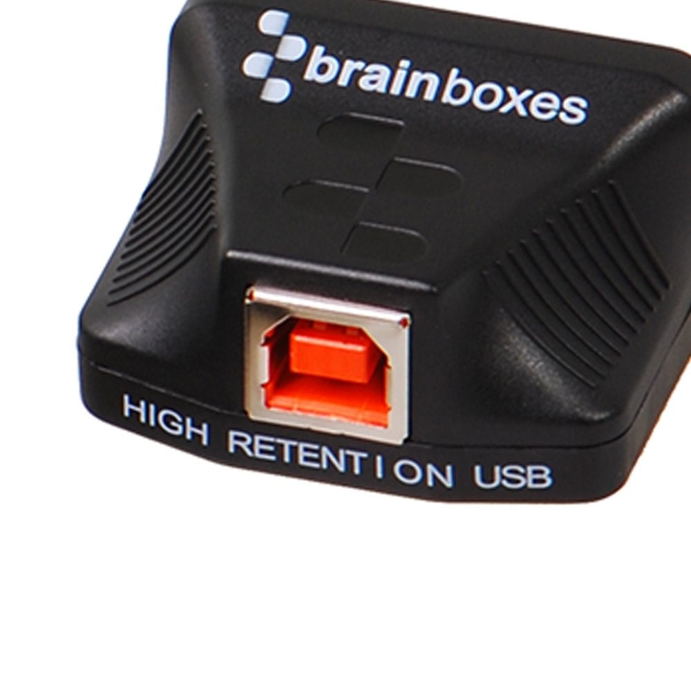 Brainboxes US-759 close-up view of high retention usb connector with red locking mechanism
