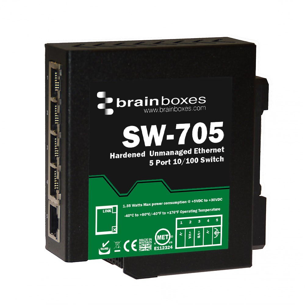 SW-005 5 Port Unmanaged Ethernet Switch Wall Mountable - Brainboxes