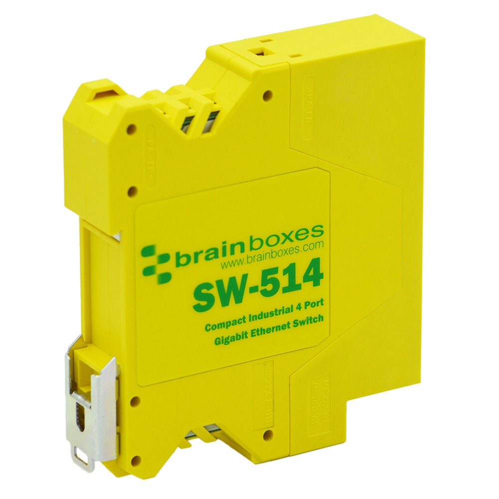 Brainboxes SW-514 compact industrial ethernet switch showing din rail mounting bracket and side profile