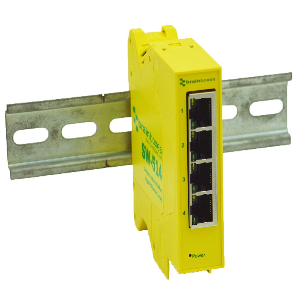 Brainboxes SW-514 industrial ethernet switch with four ports mounted on din rail
