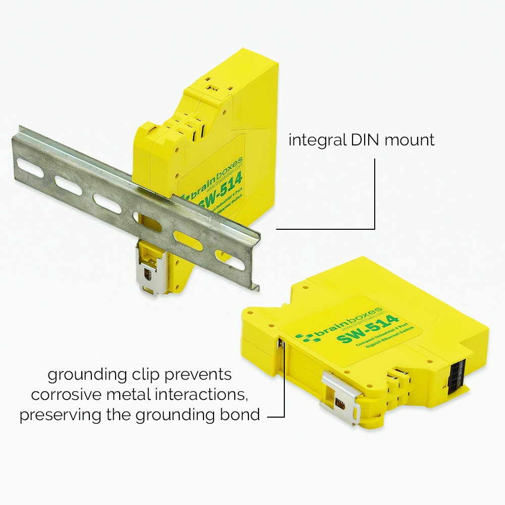 Brainboxes SW-514 industrial ethernet switch with integral din rail mount and grounding clip