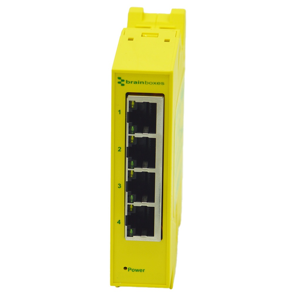 Brainboxes SW-514 industrial ethernet switch showing four numbered gigabit ports and power indicator