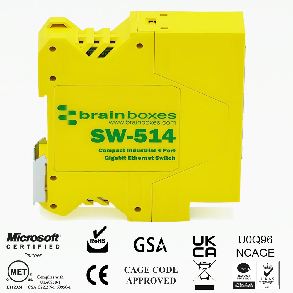 Brainboxes SW-514 compact industrial gigabit ethernet switch showing certification logos and compliance marks