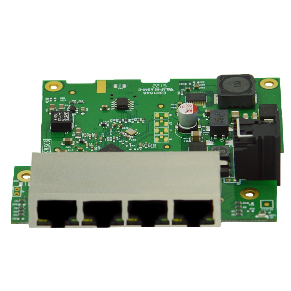 Brainboxes SW-114 industrial ethernet switch circuit board showing four gigabit network ports