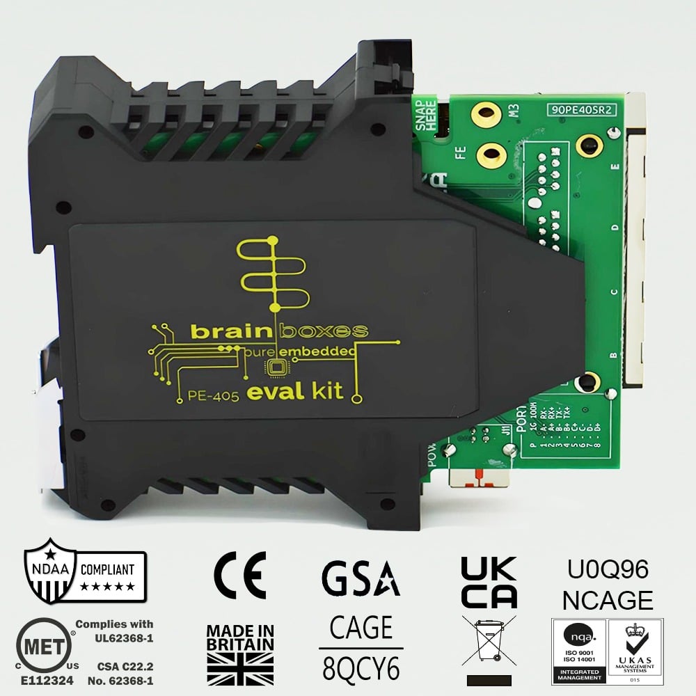 Brainboxes PE-405 industrial ethernet evaluation kit showing certification marks and compliance logos