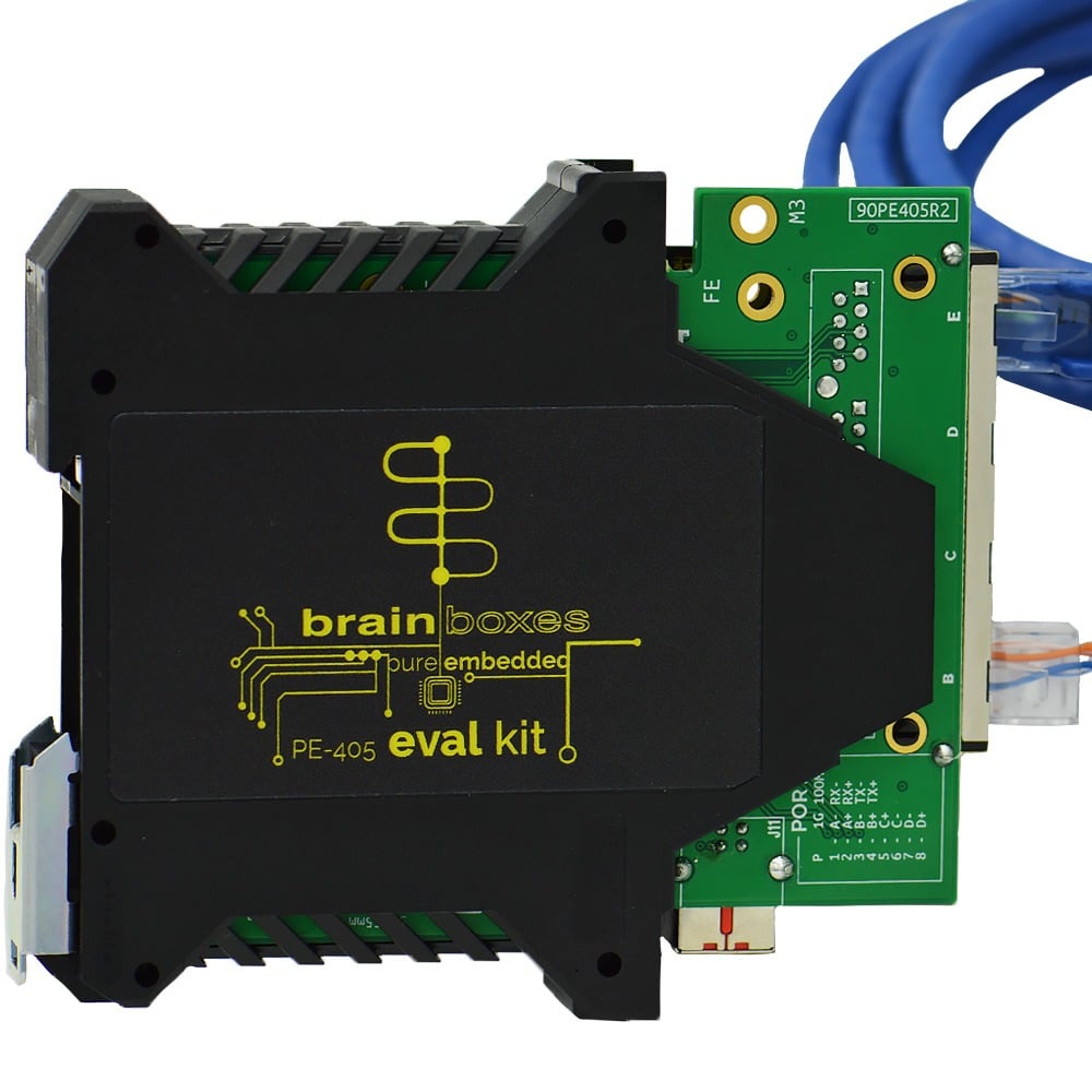 Brainboxes PE-405 industrial ethernet evaluation kit with exposed circuit board and cables