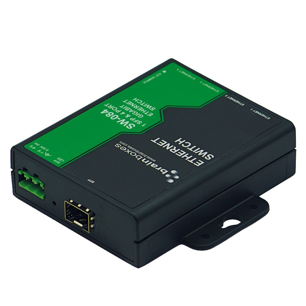 Brainboxes SW-084 angled view showing sfp port and ethernet connections on industrial switch