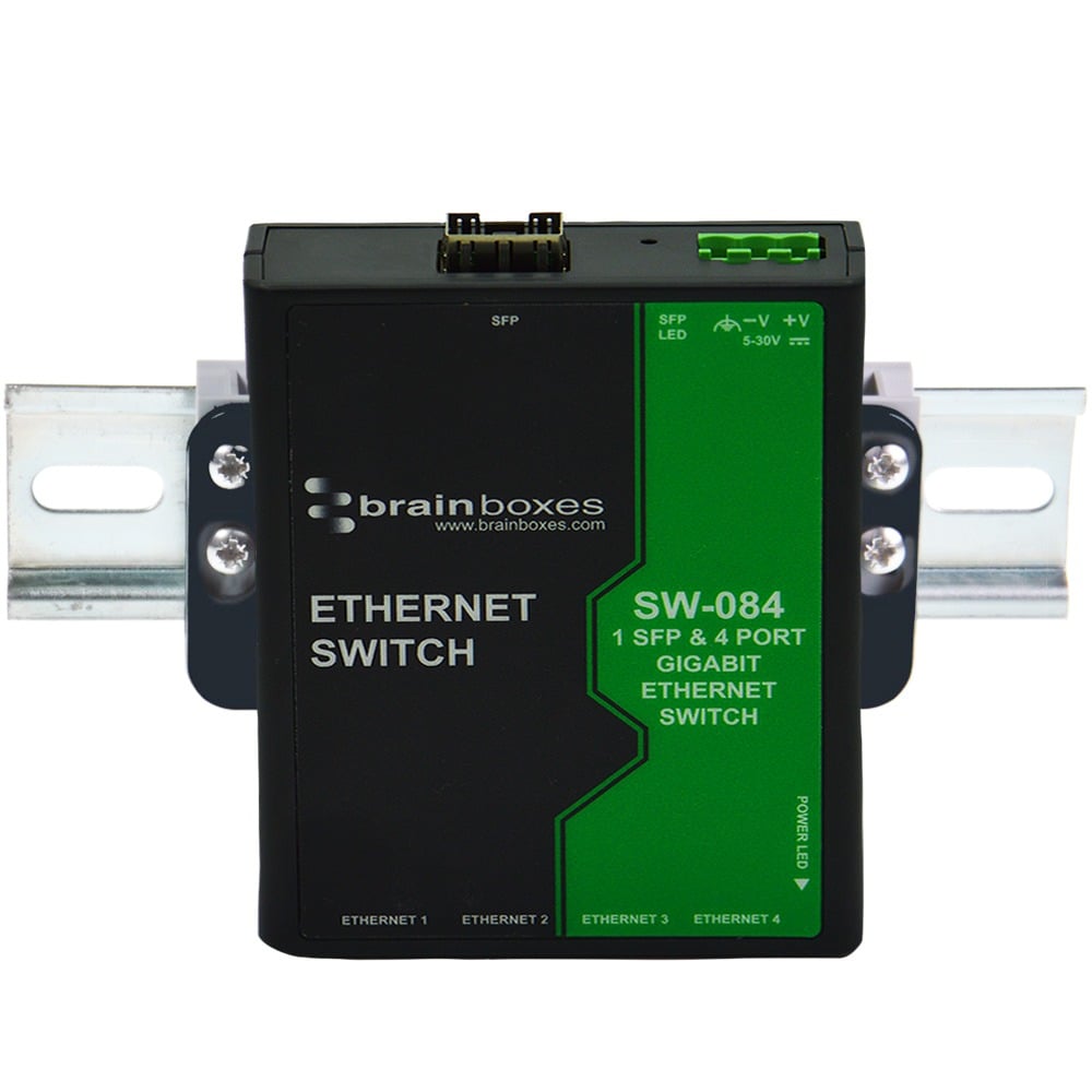 Brainboxes SW-084 industrial ethernet switch mounted on standard din rail bracket