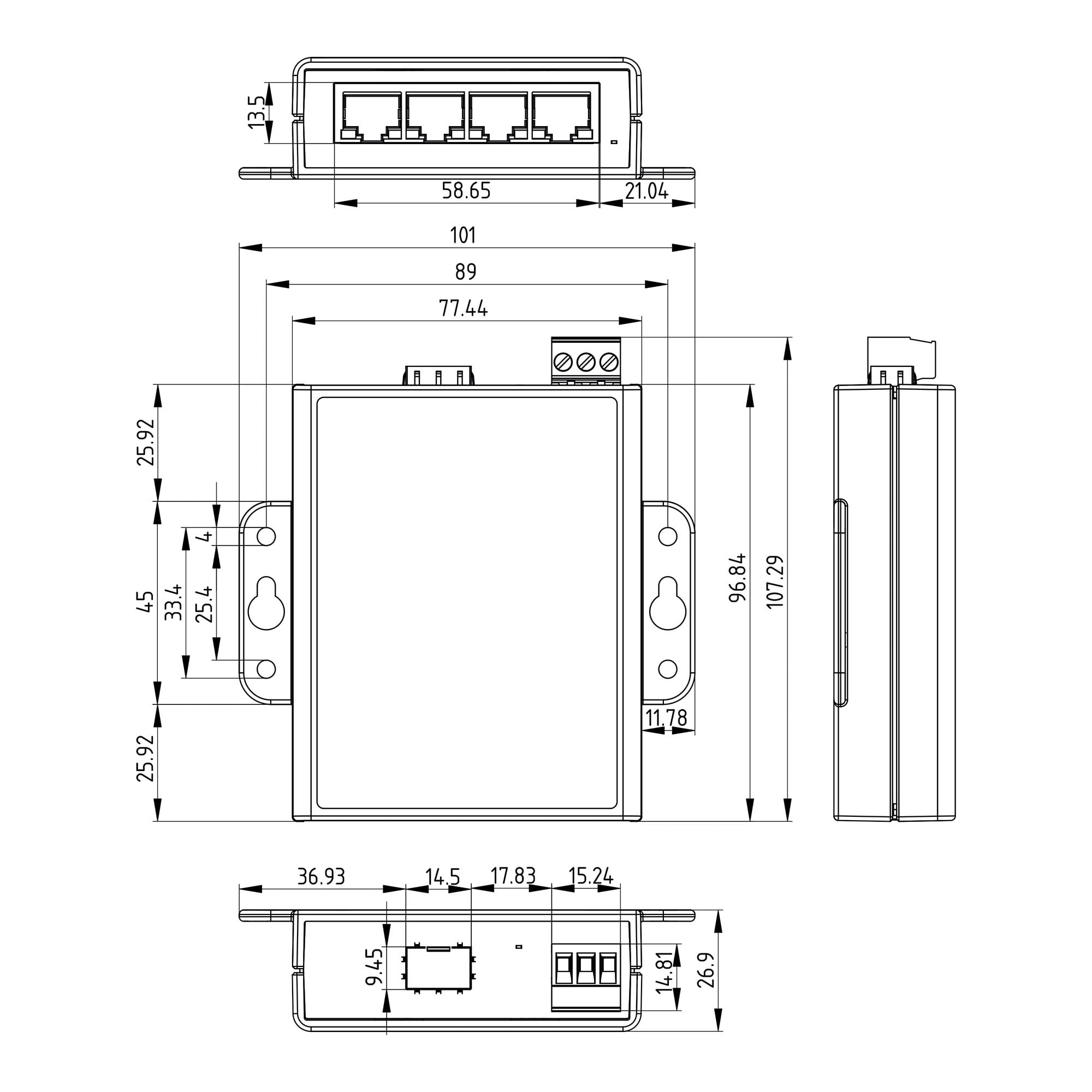 Brainboxes SW-084 detailed technical drawing showing mounting dimensions and port layout specifications