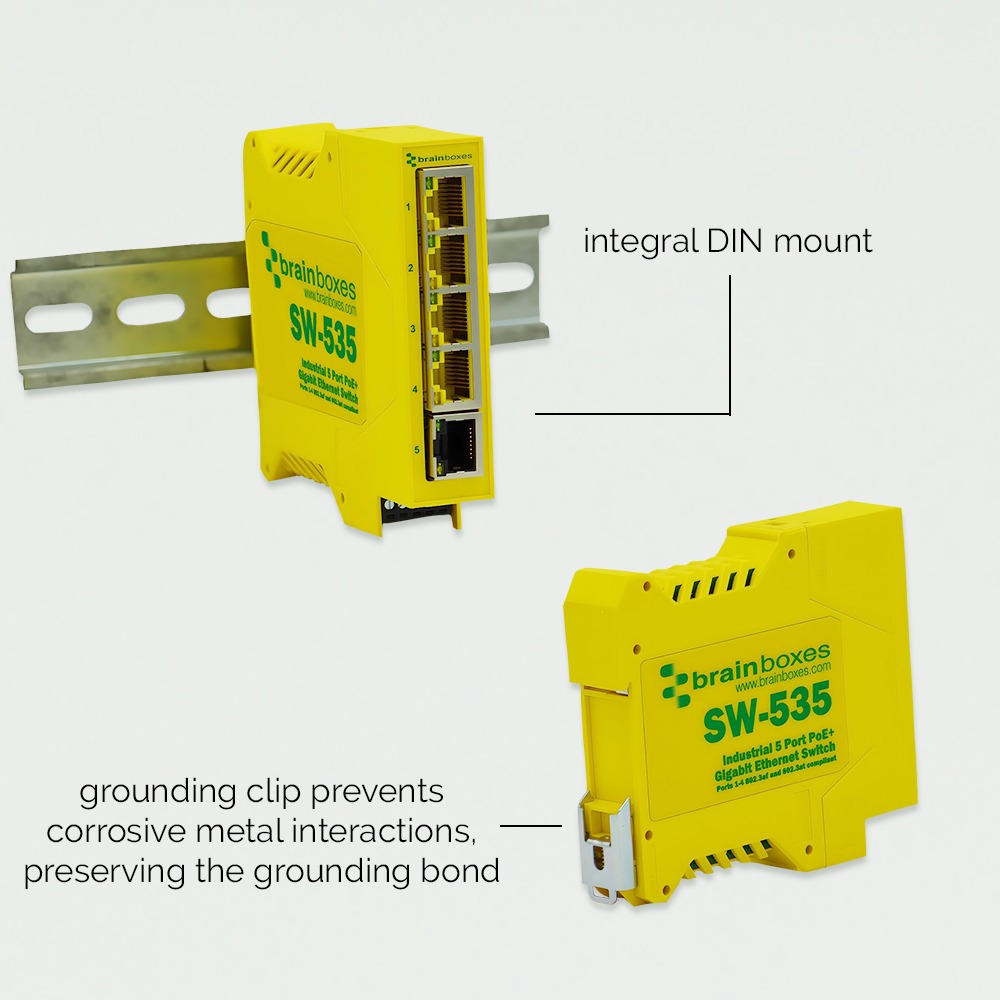 Brainboxes SW-535 industrial ethernet switch showing din rail mount and grounding clip features