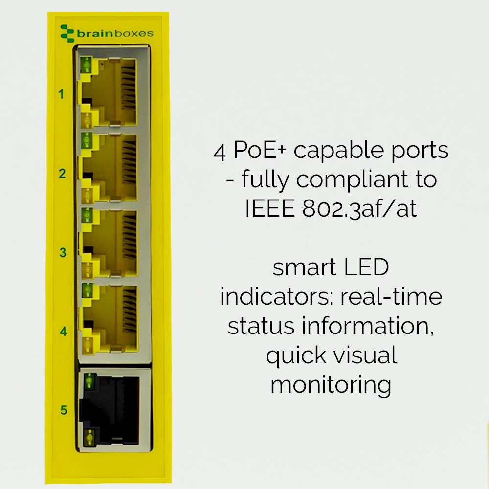 Brainboxes SW-535 five port ethernet switch showing poe capable ports and led indicators