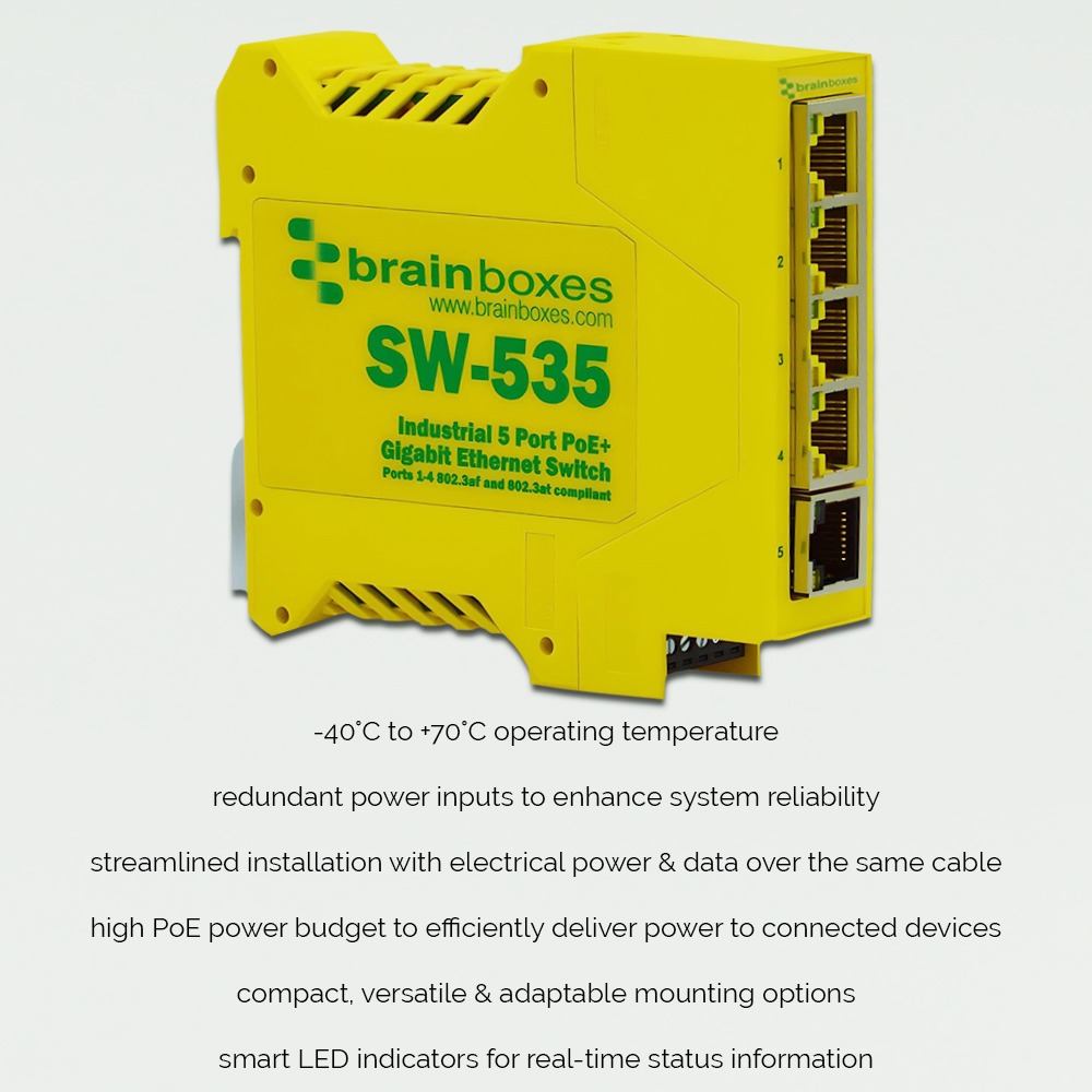 Brainboxes SW-535 industrial ethernet switch with feature highlights and technical specifications