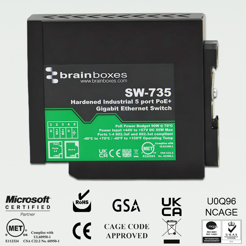 Brainboxes SW-735 industrial ethernet switch showing compliance certifications and approval logos