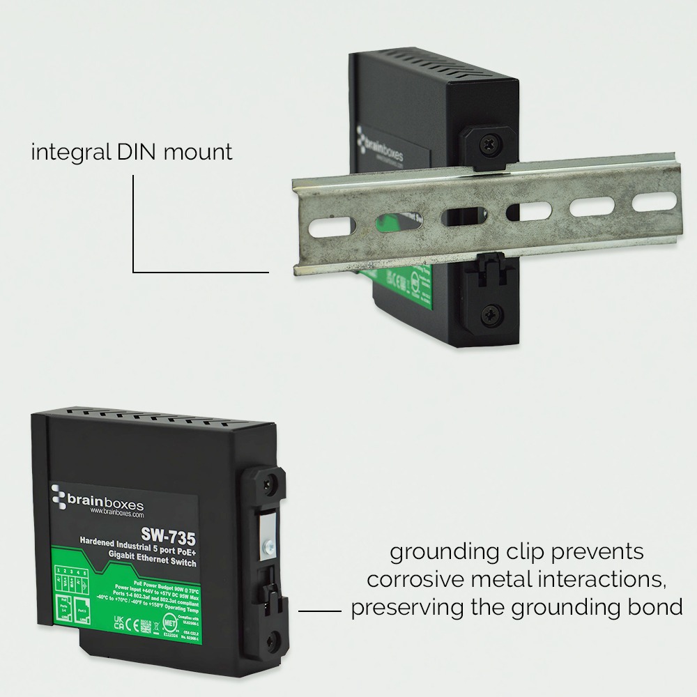 Brainboxes SW-735 industrial ethernet switch showing din rail mount and grounding clip features