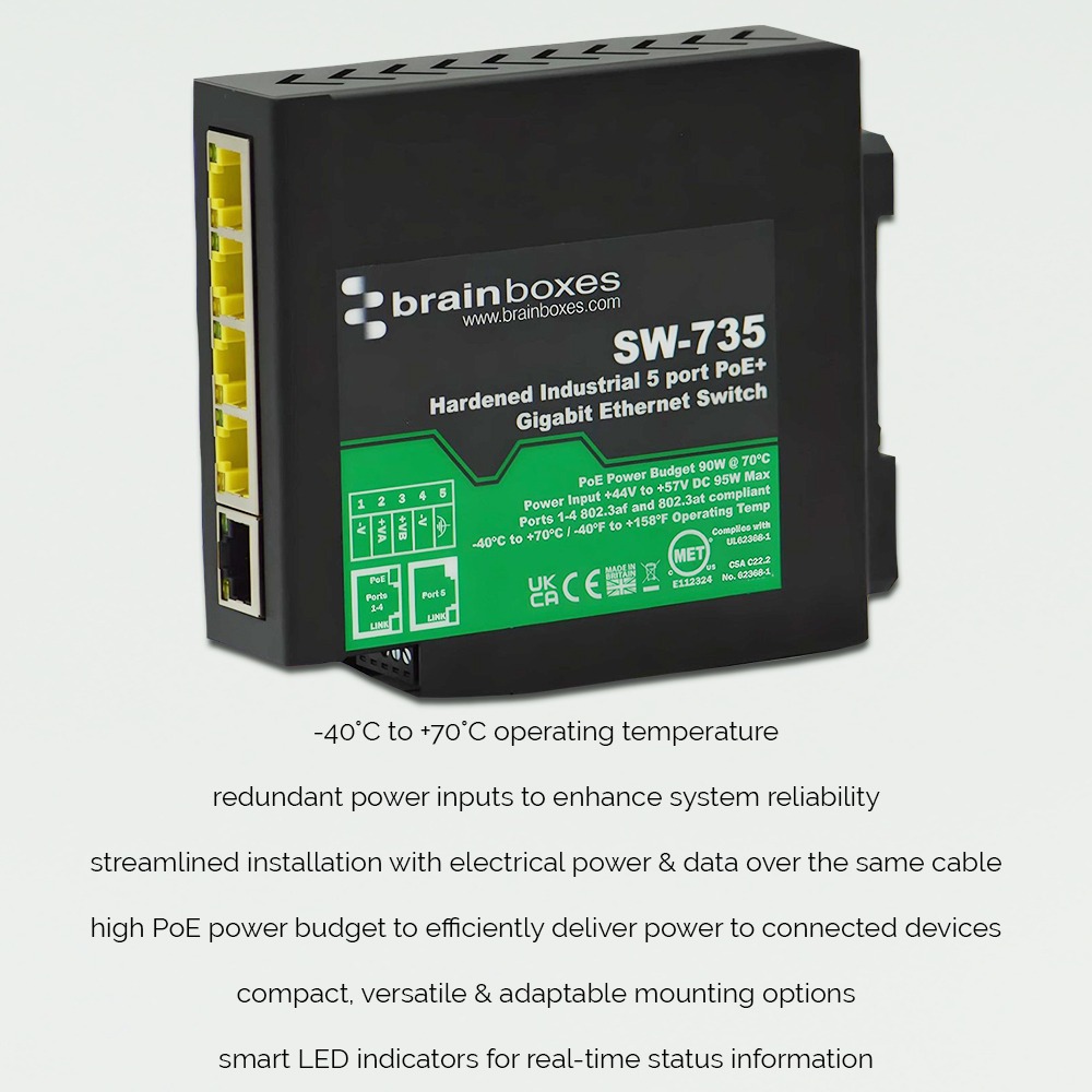 Brainboxes SW-735 industrial ethernet switch showing ports and temperature specifications with mounting options