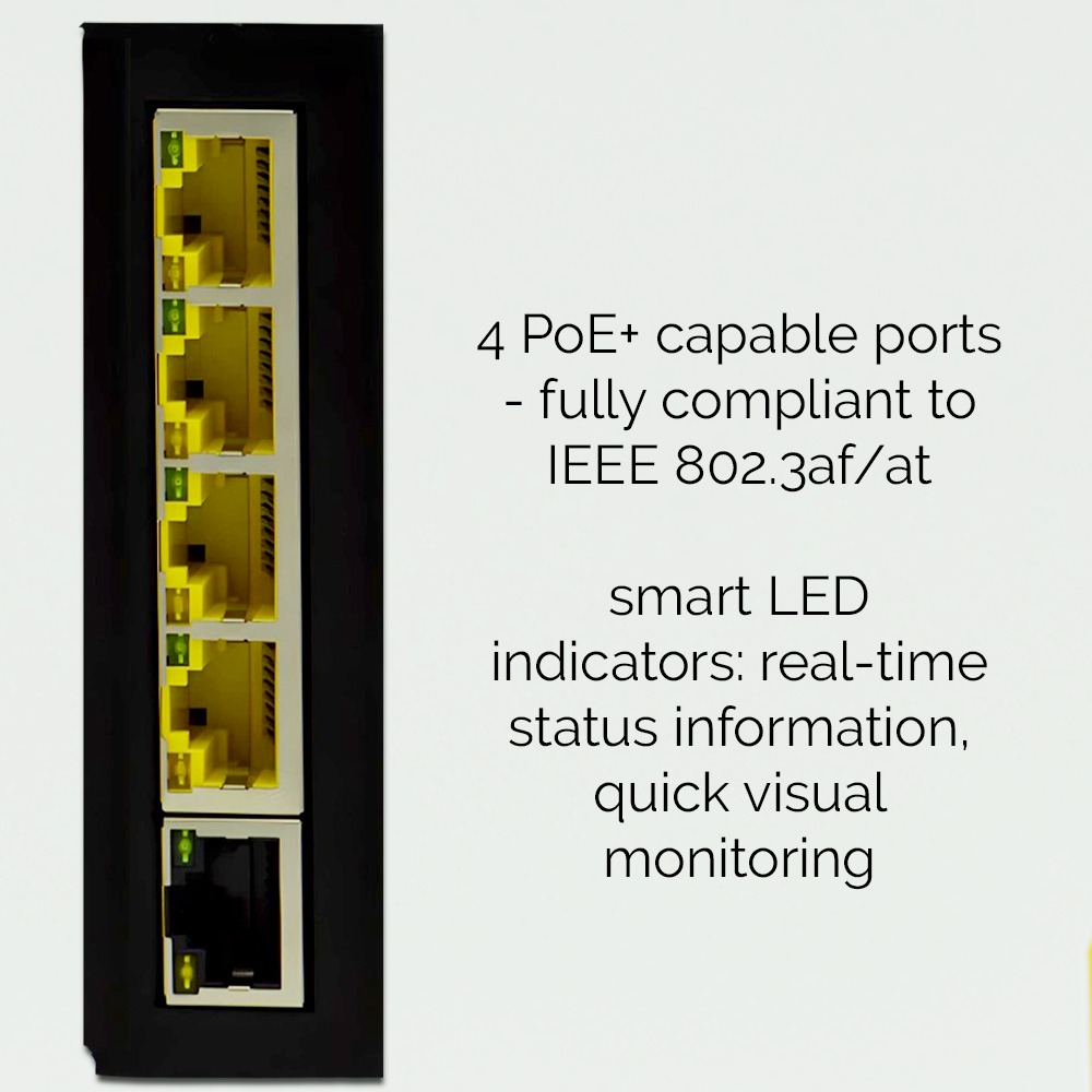 Brainboxes SW-735 five port industrial ethernet switch showing poe ports with led status indicators