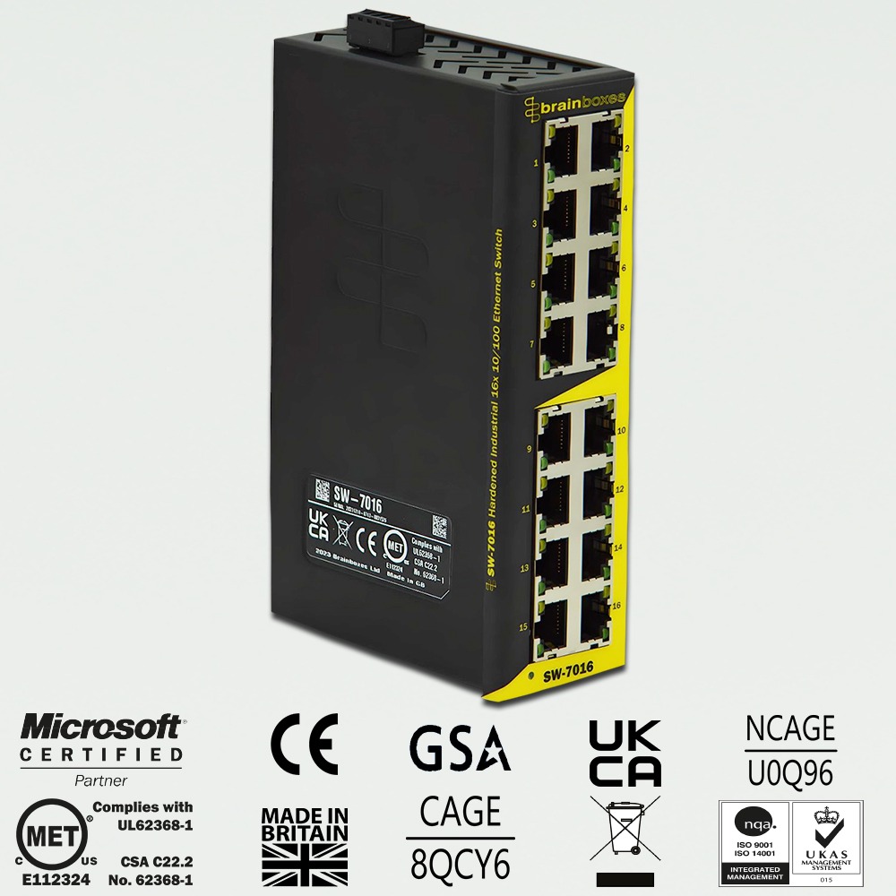 Brainboxes SW-7016 industrial ethernet switch showing certification marks and compliance logos