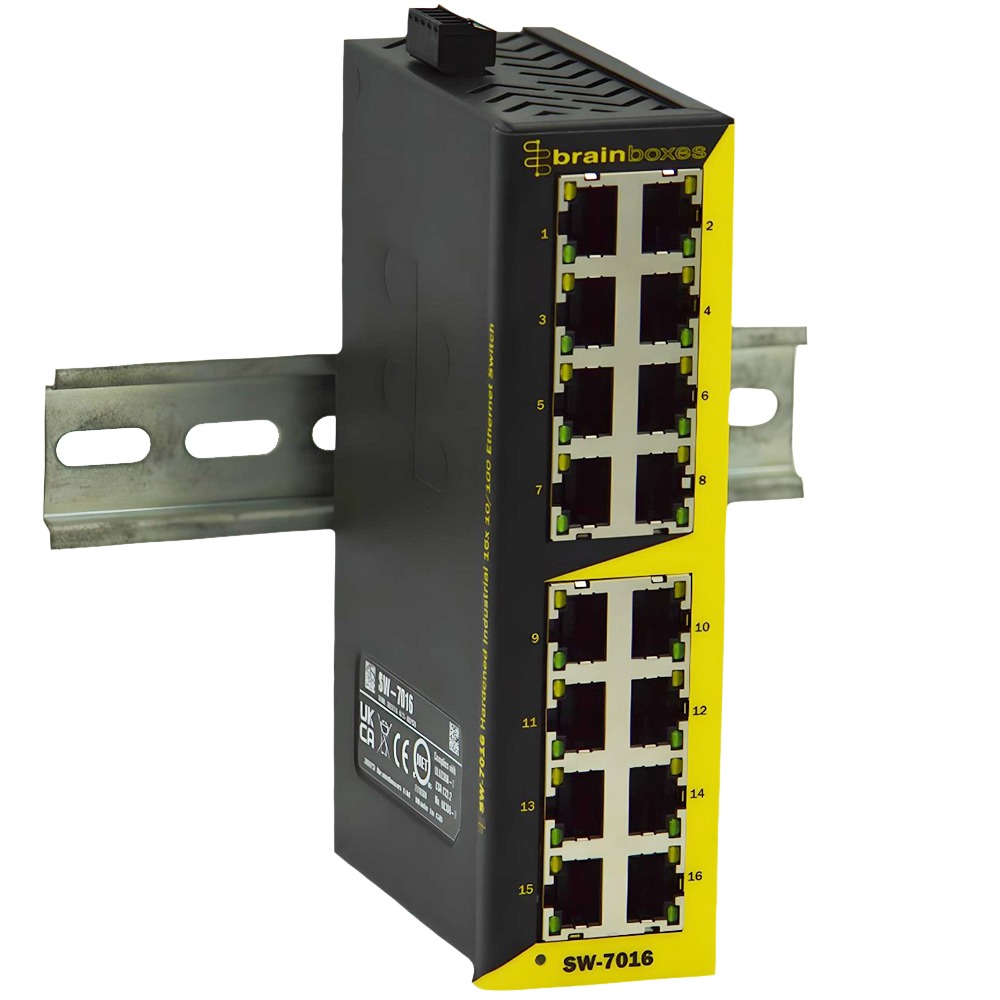 Brainboxes SW-7016 hardened industrial 16x 10/100 ethernet switch 16x