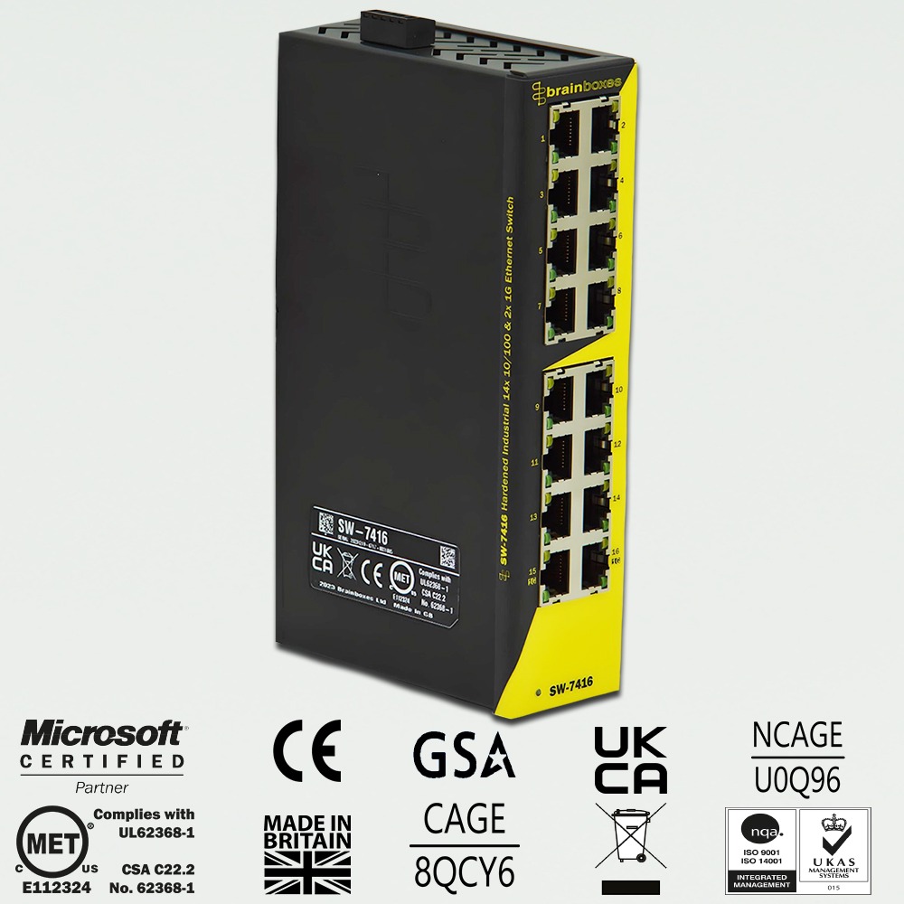 Brainboxes SW-7416 industrial ethernet switch showing certification marks and compliance logos