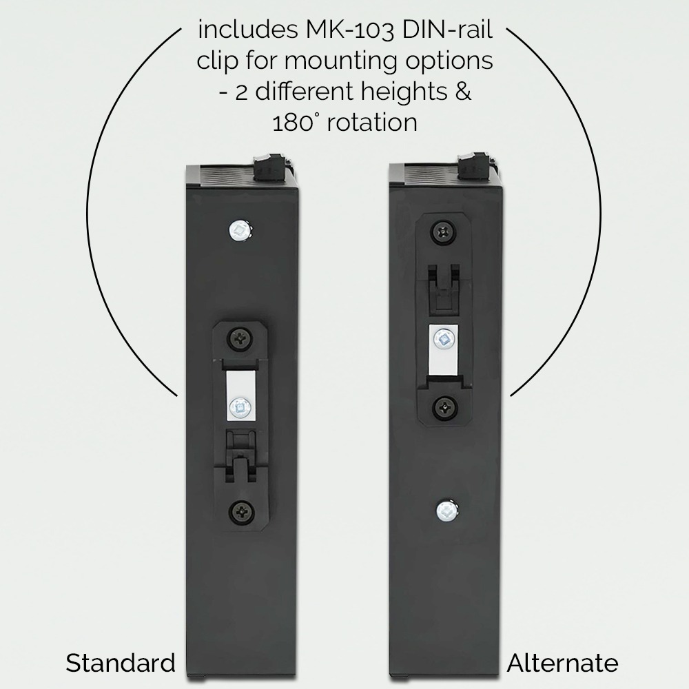 Brainboxes SW-7717 din rail mounting clip showing two different height positions and rotation options