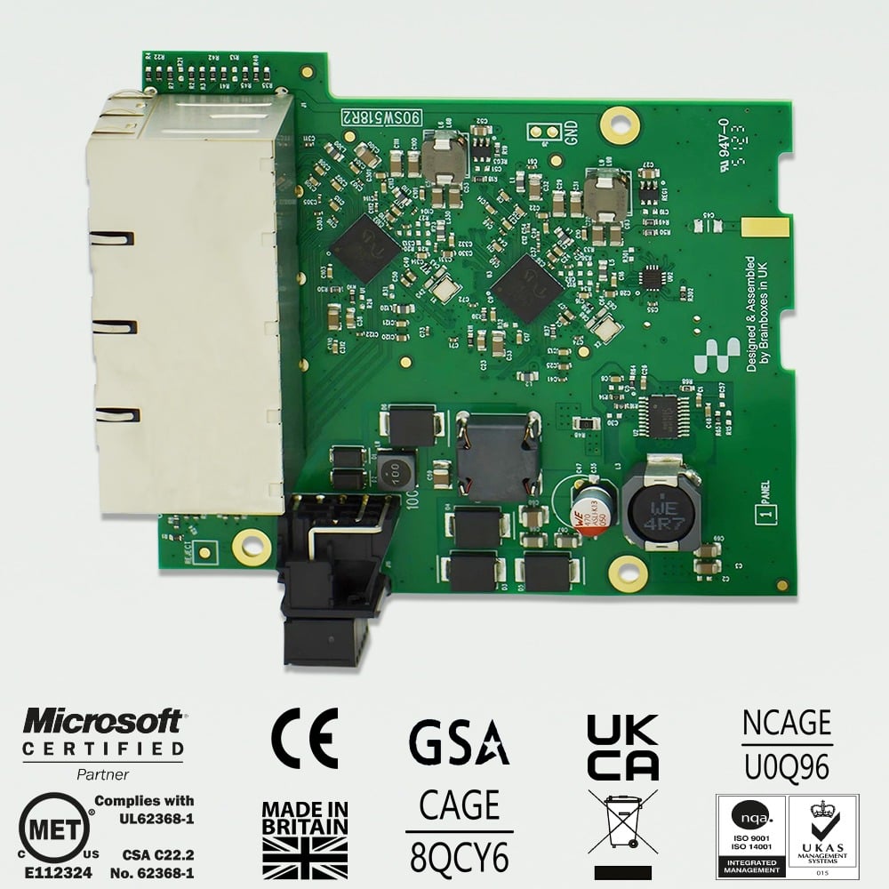 Brainboxes SW-118 industrial ethernet switch showing certification marks and compliance approvals