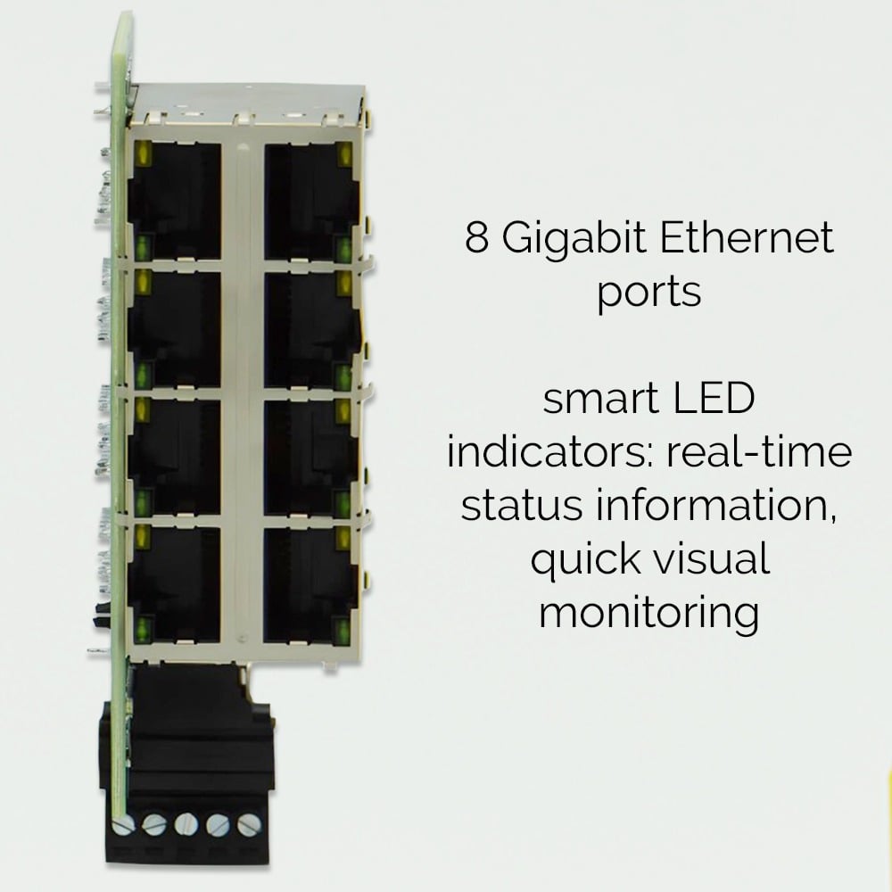 Brainboxes SW-118 eight gigabit ethernet ports with smart led status indicators for visual monitoring