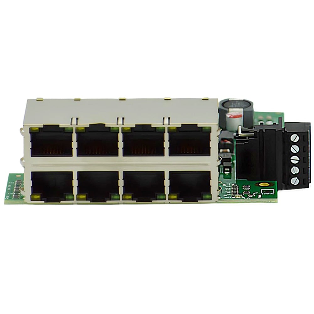 Brainboxes SW-118 industrial ethernet switch showing eight gigabit ports and power connector