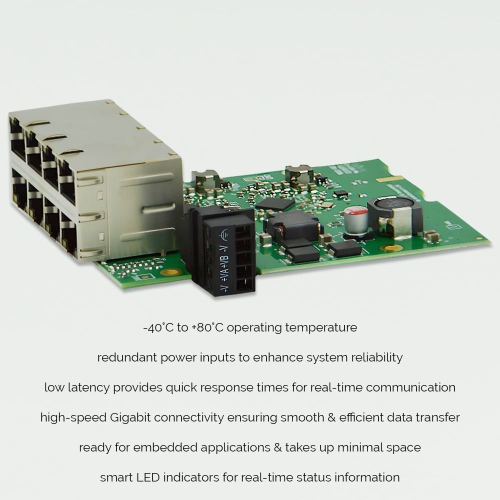 Brainboxes SW-118 industrial ethernet switch with multiple ports and technical specifications displayed