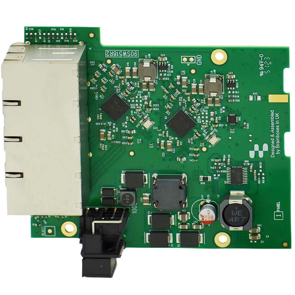 Brainboxes SW-118 main printed circuit board showing ethernet ports and electronic components