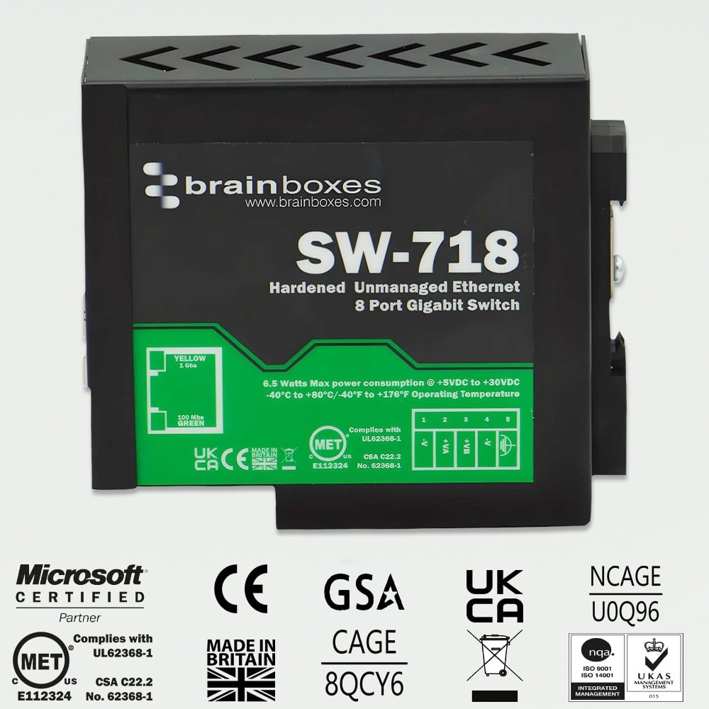 Brainboxes SW-718 industrial ethernet switch showing certification marks and compliance approvals