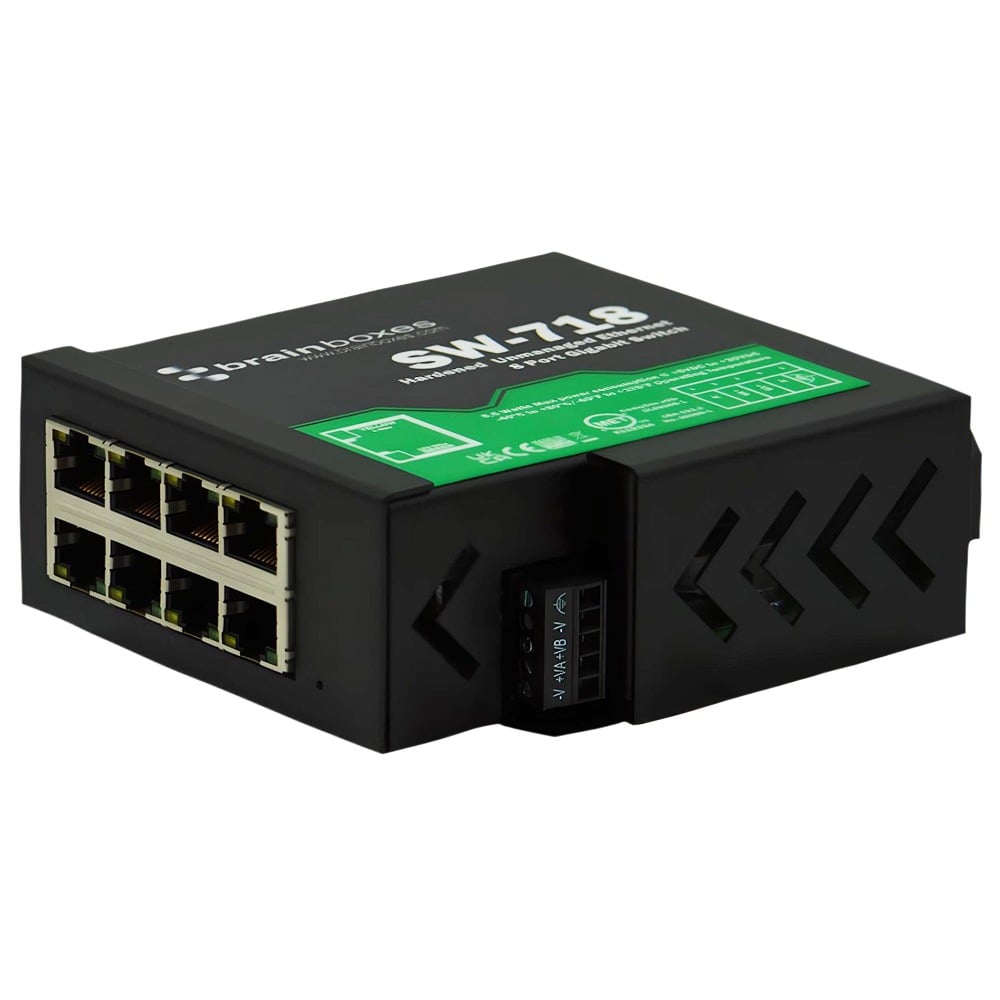 Brainboxes SW-718 industrial ethernet switch showing eight ports and ventilation grilles from angled perspective