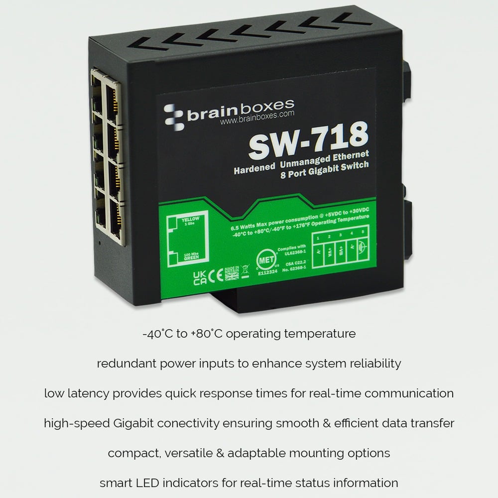 Brainboxes SW-718 industrial ethernet switch showing ports, specifications, and key feature highlights